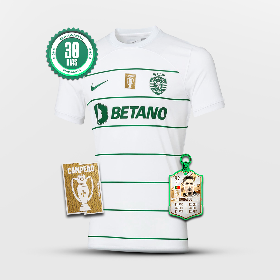 Camisola Sporting CP Away 2023/24 - Branca e Verde + Badge de Campeão Nacional 🏆